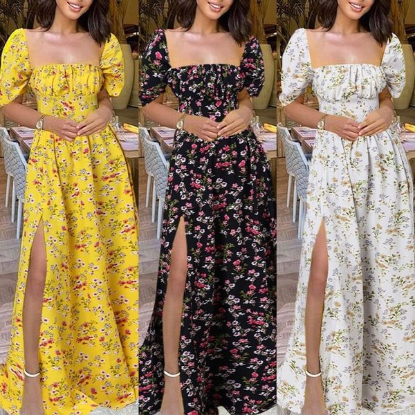 Women Floral Print Long Dress Fashion Puff Short Sleeve Split Party Holiday Casual Summer Sundress Vestidos Robes - Shop Trendy Women's Clothing | LoverChic