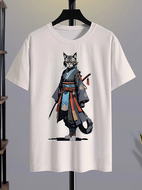 <💯Cotton> Men's Japanese Samurai Cat Print Cotton Casual T-Shirt