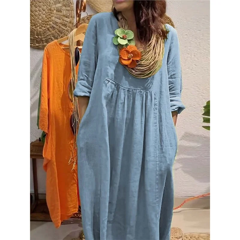 Athvotar Athvotar Spring And Summer Women's V-Neck Casual Solid Cotton Pocket Dress