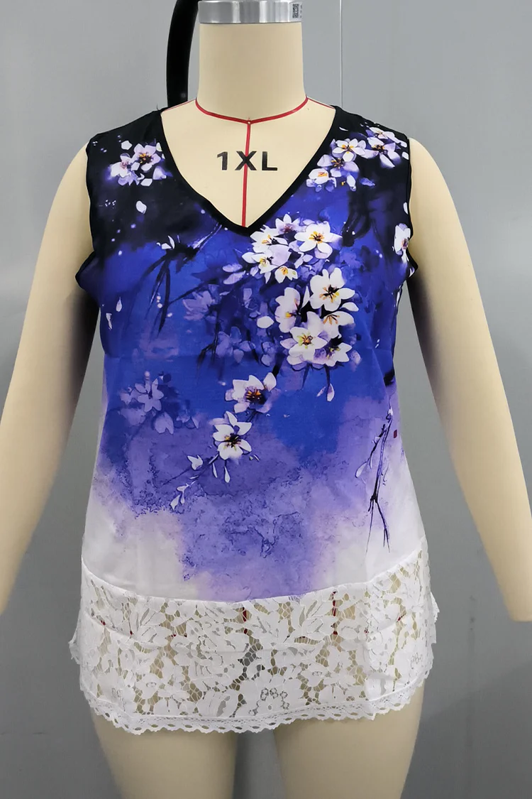 Plus Size Floral Print Lace Stitching V Neck Casual Tank Top  Flycurvy [product_label]