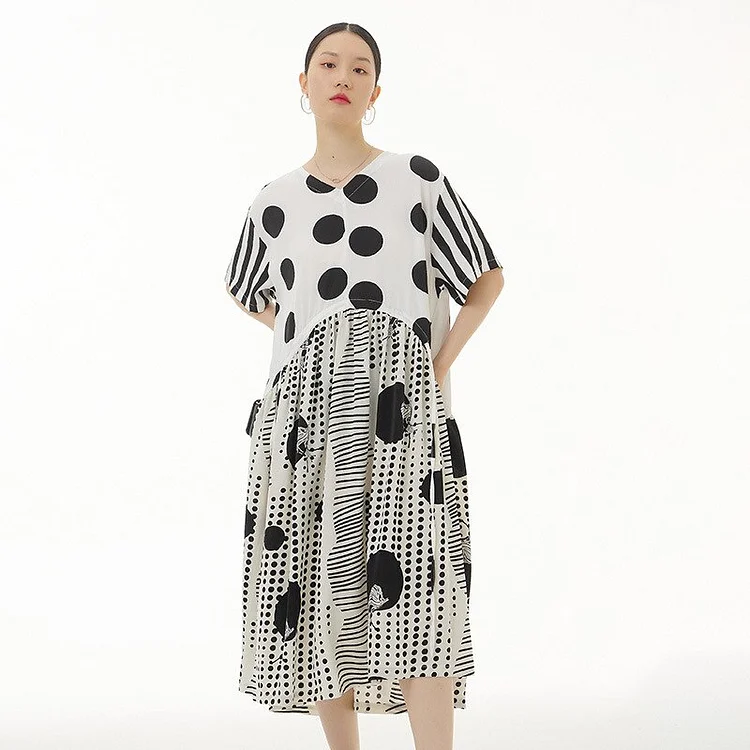 Fashion Contrast Color V-neck Multi Polka Dots Printed Splicing Striped Half Sleeve Dress