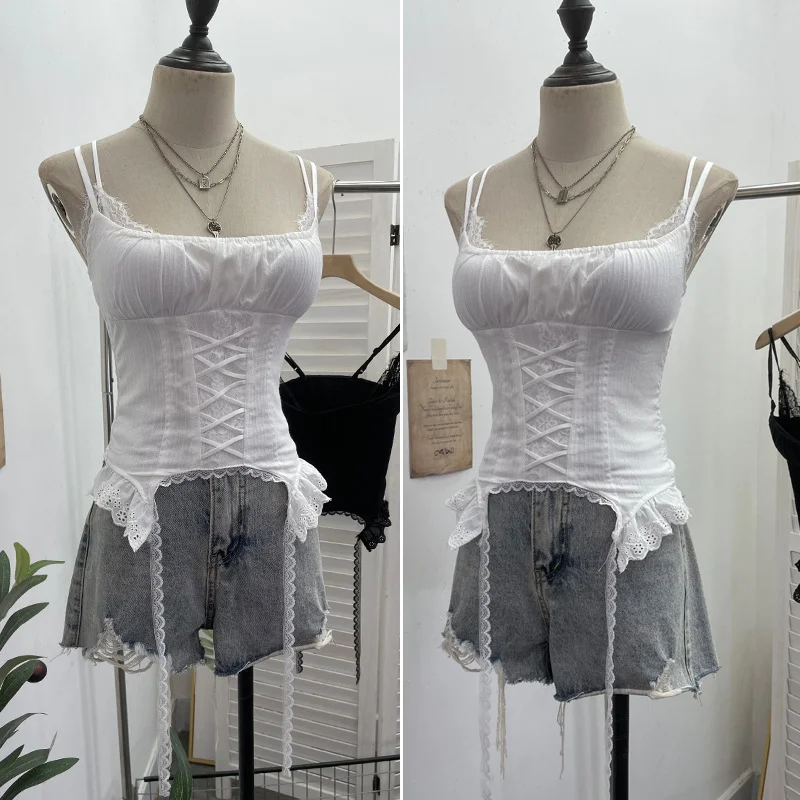 Nigikala Nigikala Outside Wearing Hottie Fake Two Splicing Lace Slings Vest Short Sleeveless Top 12282