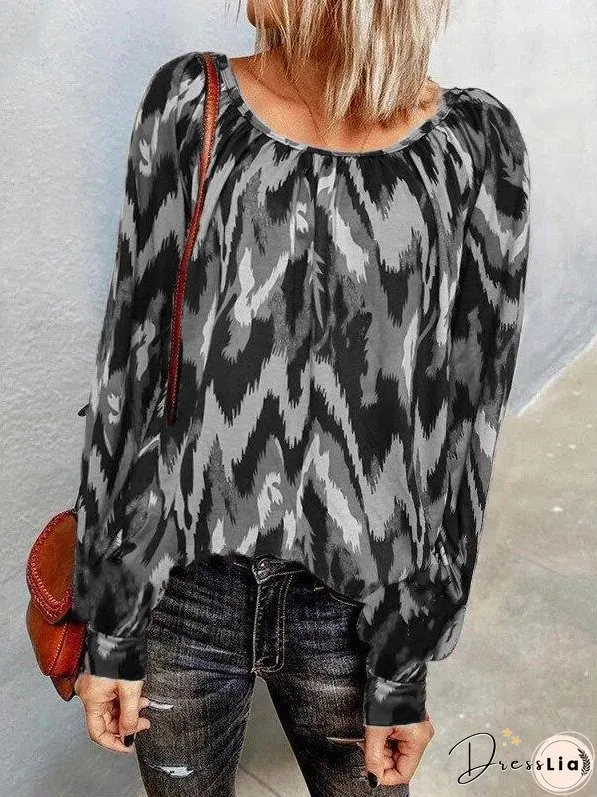 T-Shirts Casual Print Round Neck Long Sleeve T-Shirts for Women