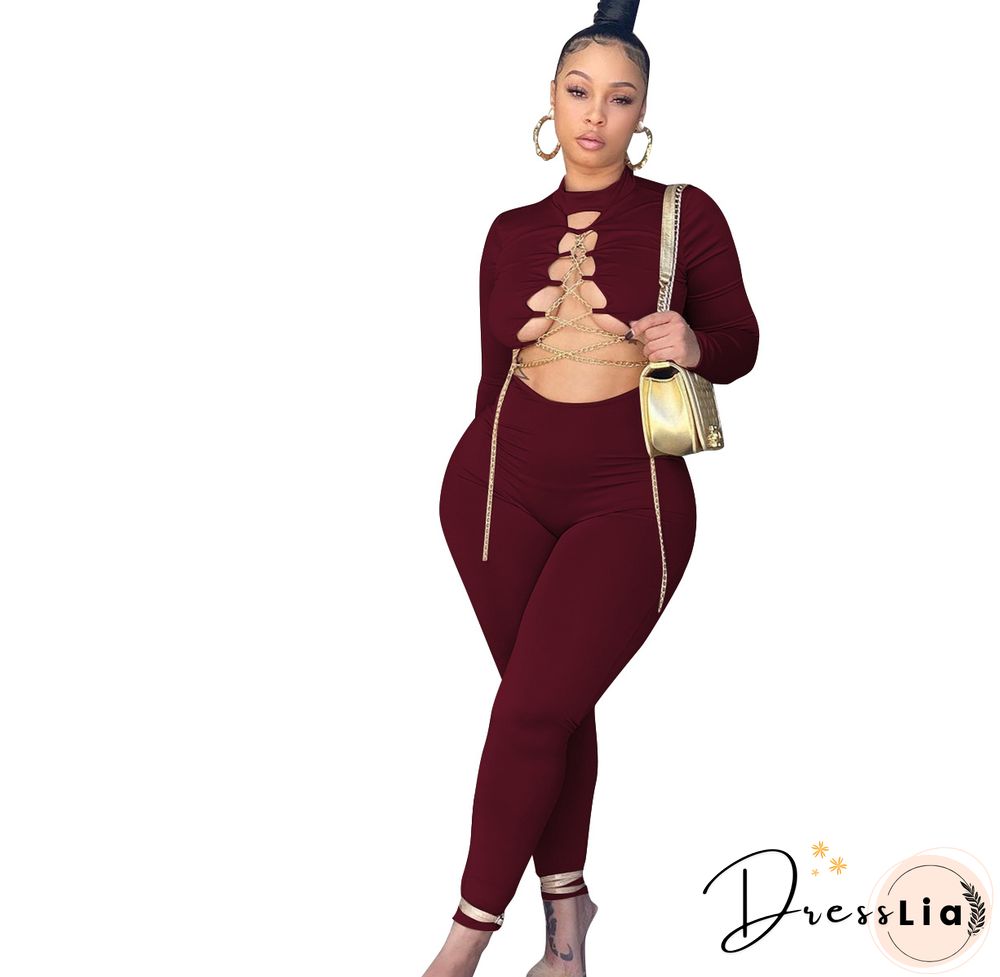 Hollow Out Cross Chain Lace Up Long Sleeve Jumpsuit