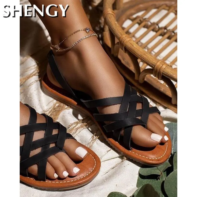 Summer Women's Sandals Solid Color Flat Cross Strap Flat Ladies Sandals Fashion Non-Slip Outdoor Beach Women Shoes