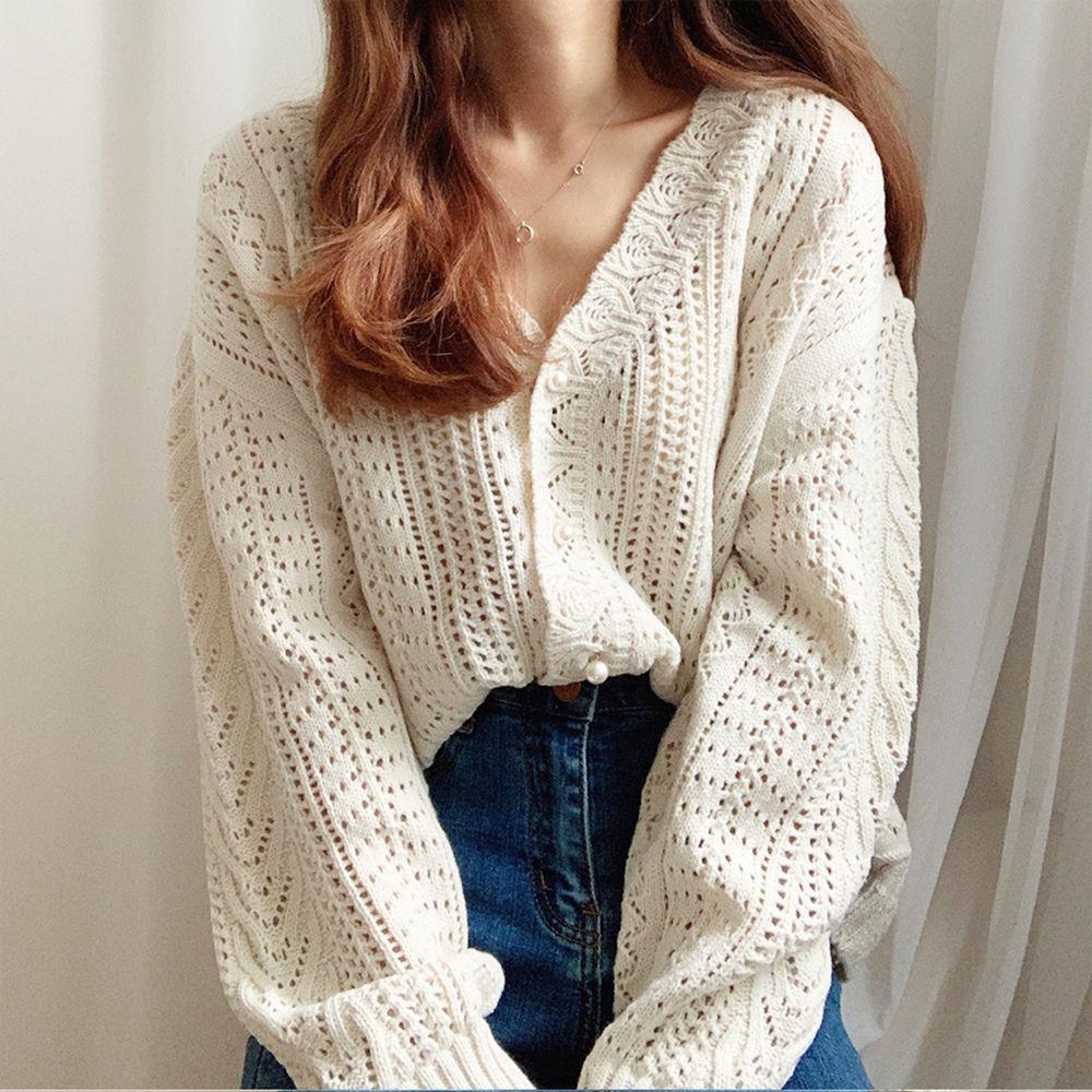 HOLLOW V-NECK LONG SLEEVE KNIT SWEATER