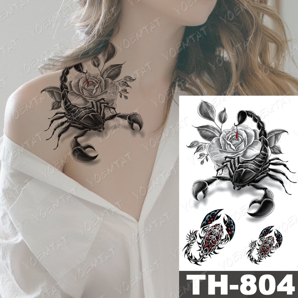Waterproof Temporary Tattoo Stickers Scorpion Blood Rose Peony Flower Flash Tatoo Woman Body Art Fake Water transfer Tattoo Men