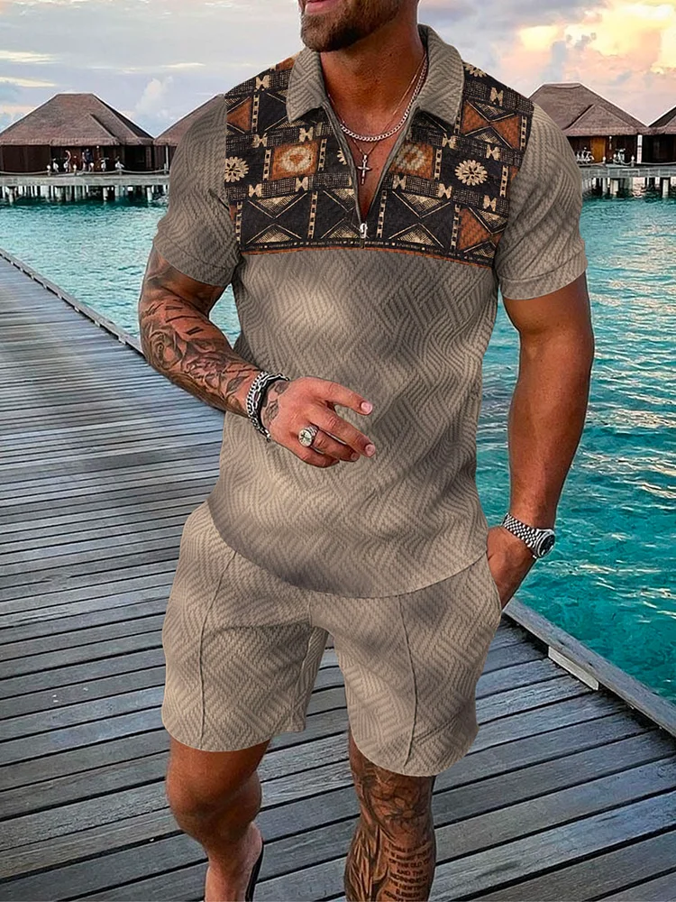 Men's Tie-Dye Geometric Pattern Printed Polo Suit