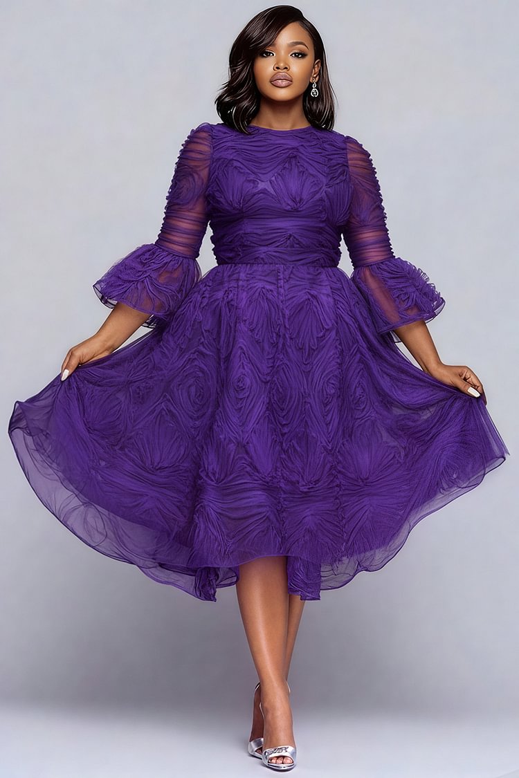 Xpluswear Design Plus Size Semi Formal Purple Round Neck Flare 3/4 Sleeve Elegant Midi Dresses [Pre-Order]
