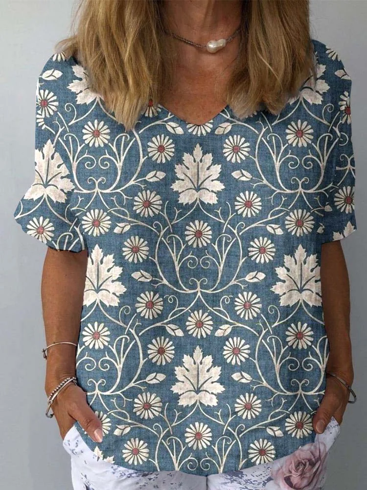 Womens Retro Floral Pattern Cotton and Linen Short Sleeve Top