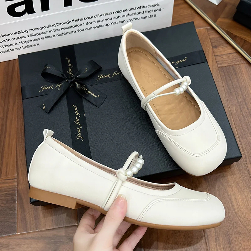Tanguoant Tanguoant Fragrant Wind Inside High Height Mary Jane Shoes Female 2024 New Pearl Soft Sole Soft Skin Shallow Mouth Single Shoes Flat Grandma Shoes