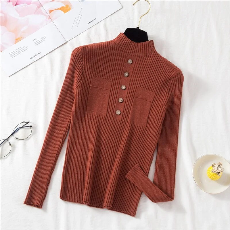Zoki Pullover Women Sweater Autumn Knitted Button Long Sleeve Half Turtleneck Female Jumper Elastic Korean Fashion Blouse Top