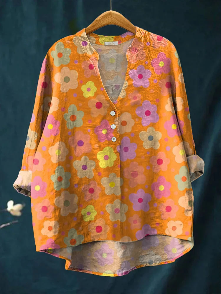 Women's Colorful Small Flower Painting Art Print Casual Cotton And Linen Ruffle Shirt