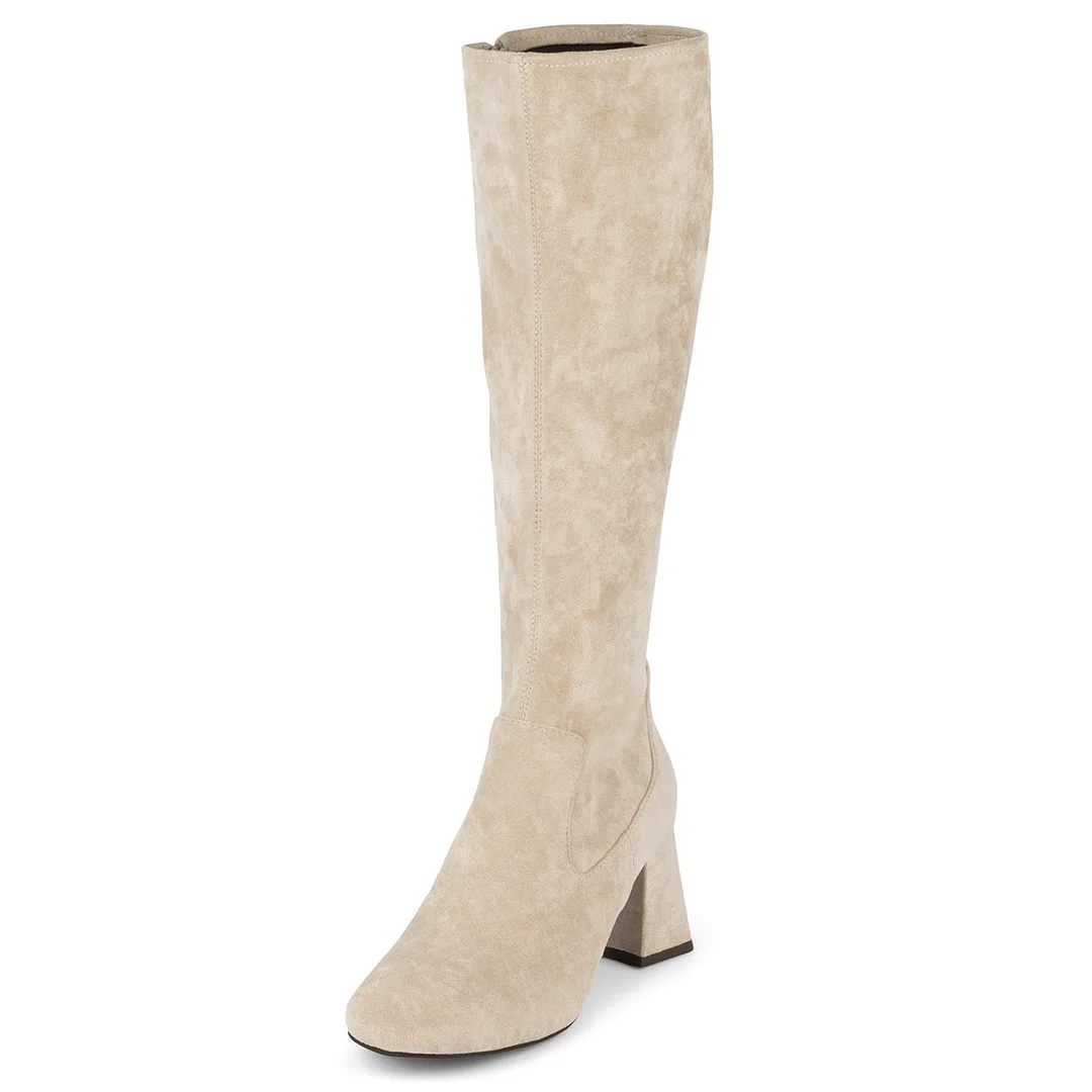 Beige Vegan Suede Round Toe Zipper Chunky Heel Knee High Boots