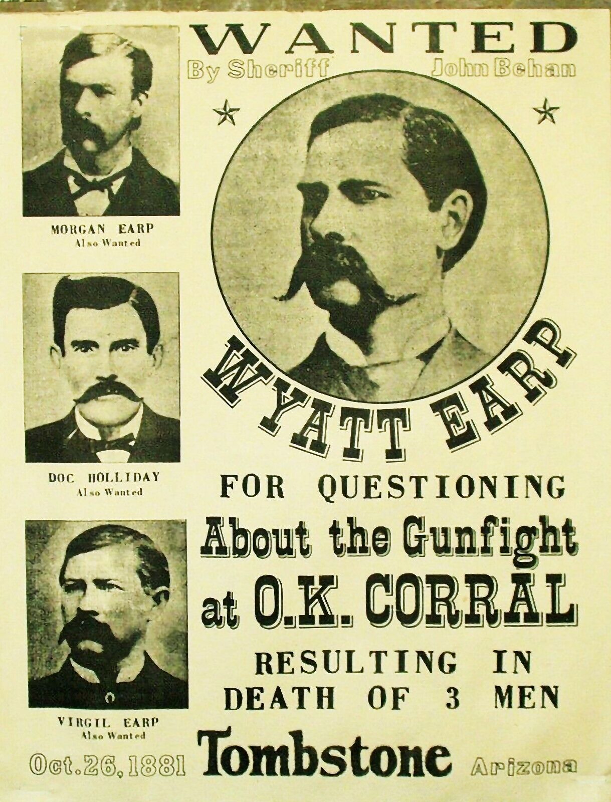 WYATT EARP DOC HOLLIDAY WANTED POSTER OK CORRAL TOMBSTONE 8.5X11 Photo Poster painting PICTURE