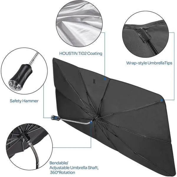 Car sunshade umbrella for windshield  with 360&deg; Rotation Bendable Shaft（59''x 33''）