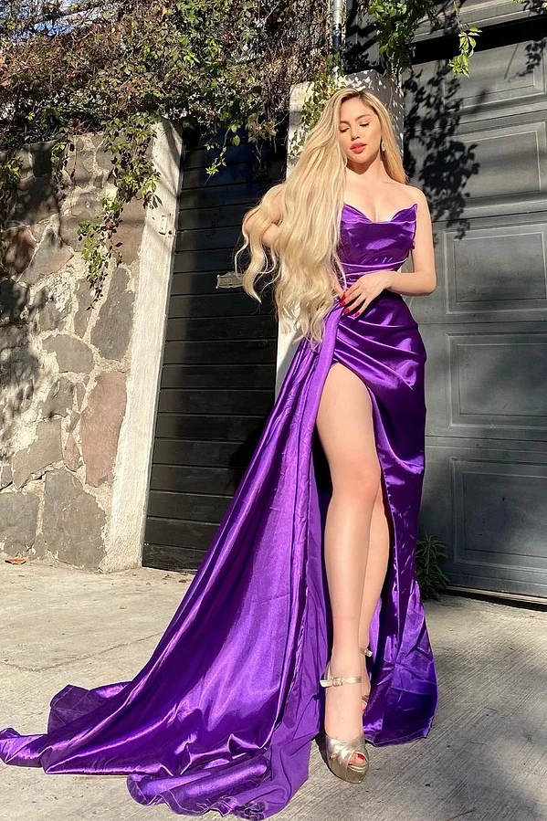 Lisliy Gorgeous Purple Strapless Sleeveless Pleated Prom Dress with Split