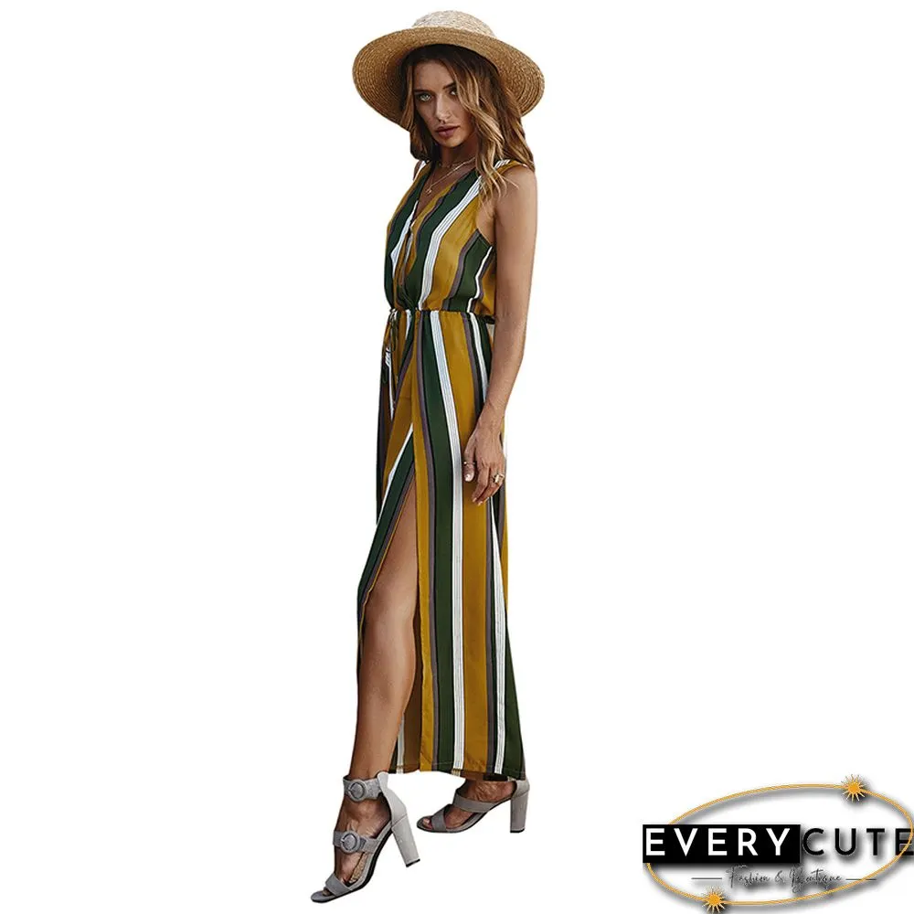 Yellow Stripe Wide Leg Split Casual Jumpsuit