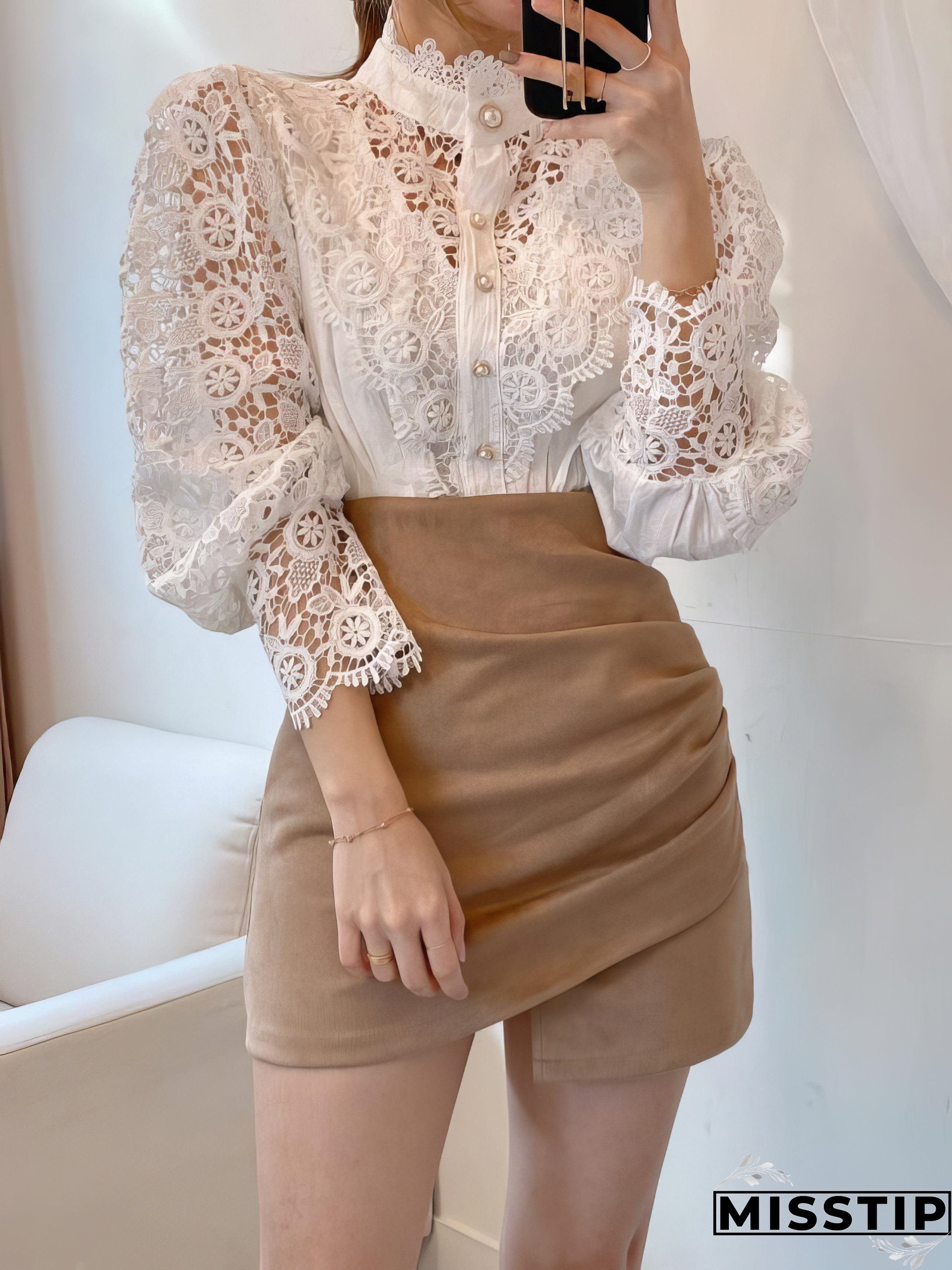 White Lace Blouse with Stand Collar and Pearl Buttons