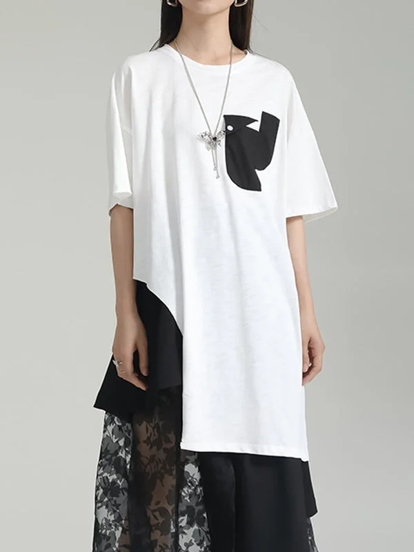 Casual White Round-neck Contrast Color Asymmetric Pocket Split-Joint Hem Short Sleeve T-shirt