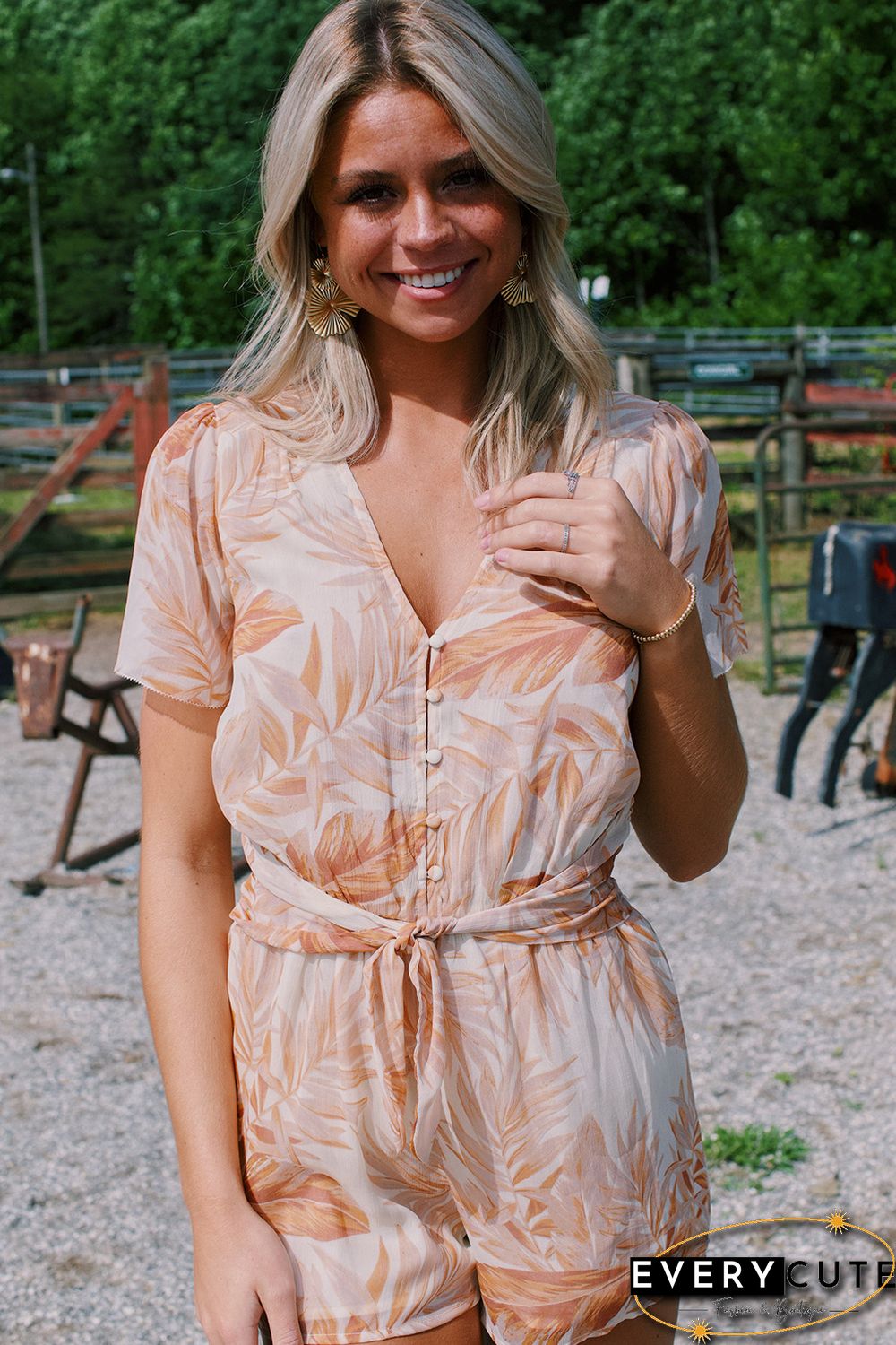 Khaki Tropical Leaf Print Button Belted Chiffon Romper