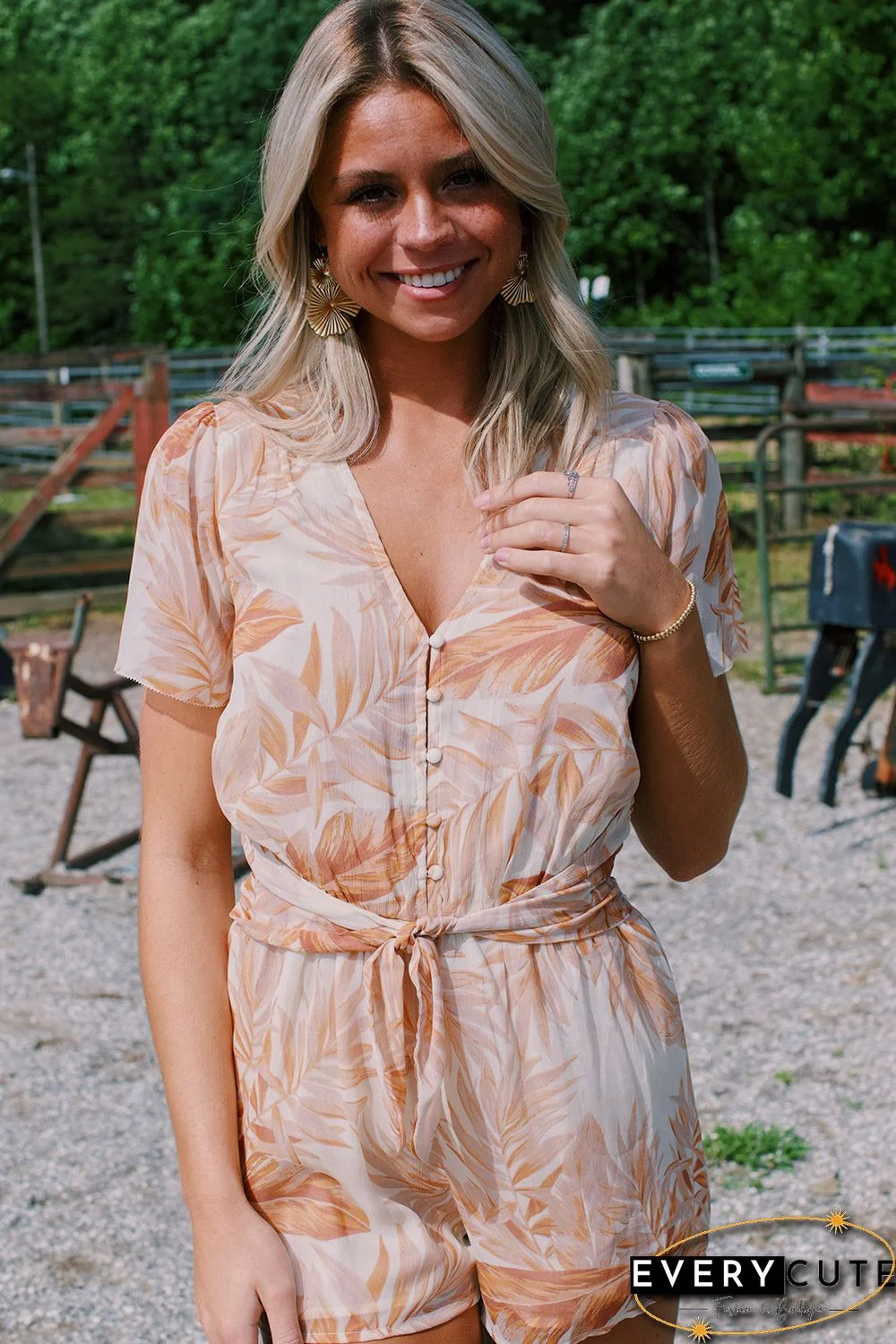 Khaki Tropical Leaf Print Button Belted Chiffon Romper