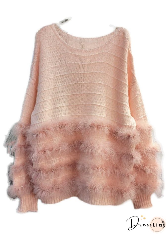 French White O-Neck Rabbit Hair Patchwork Cotton Knit Top Fall