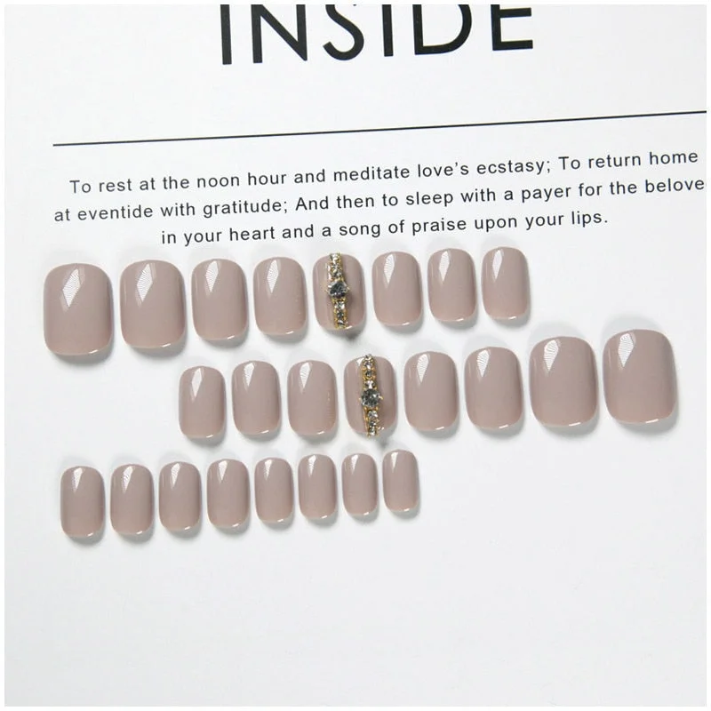 24pcs/set Light Grey Rhinestone Short Size Design Artificial Nail DIY Fashion false nails with glue fake nails press on for girl-Nail Inspo