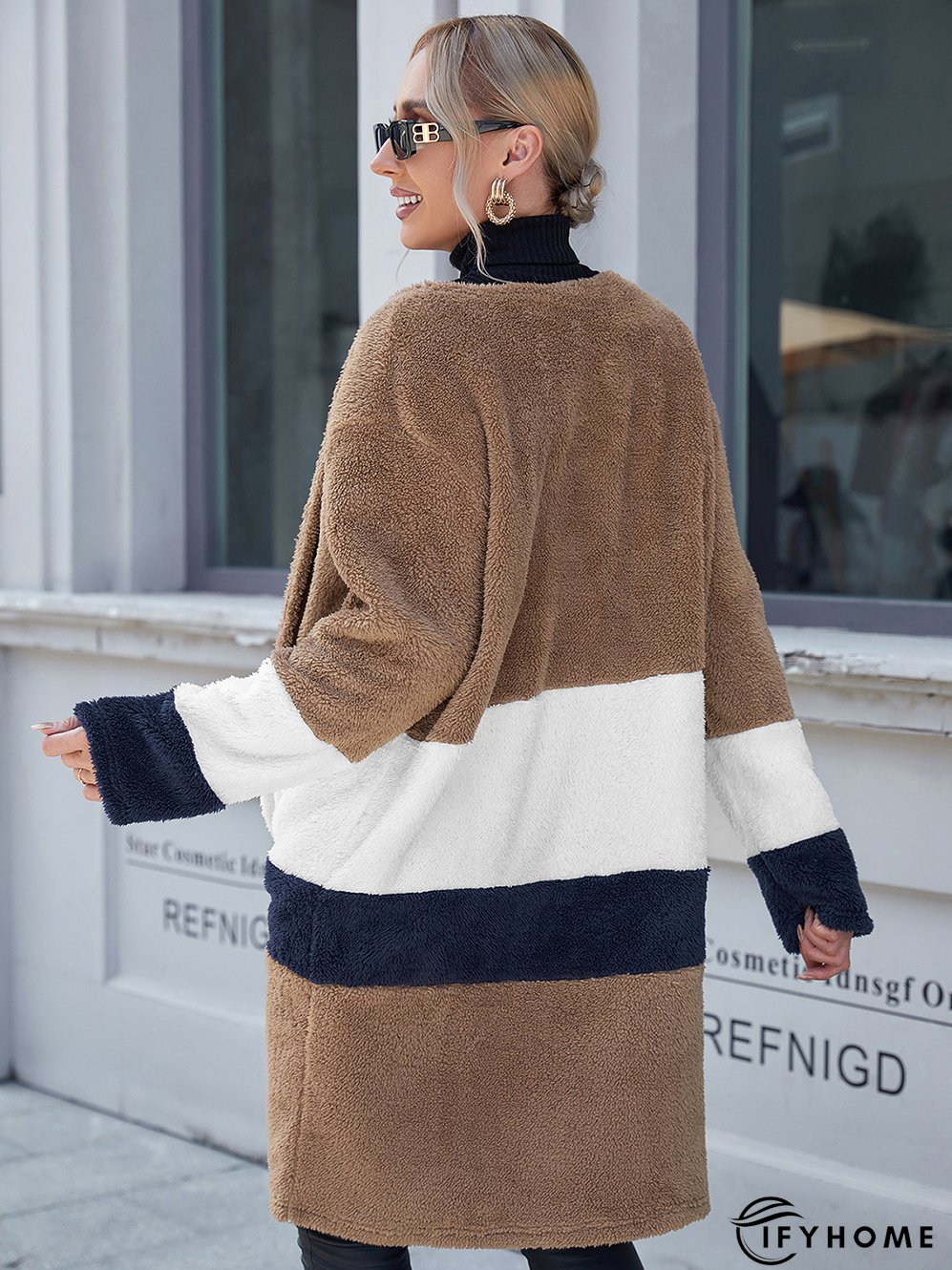 Woolen Cloth Color Matching Casual Loose Mid-length Ladies Coats | IFYHOME