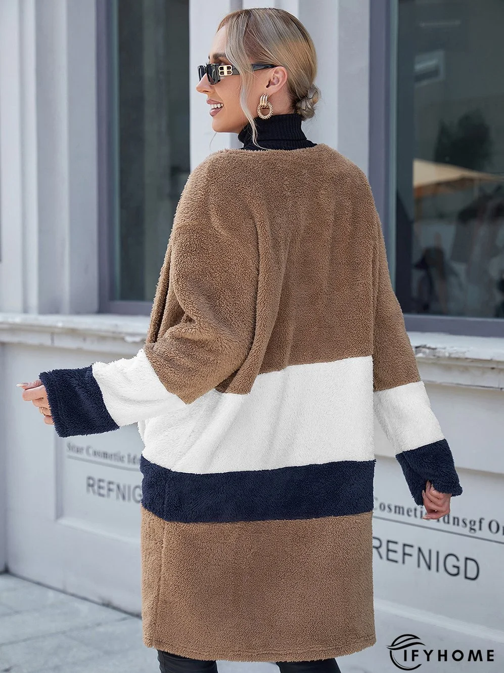 Woolen Cloth Color Matching Casual Loose Mid-length Ladies Coats | IFYHOME