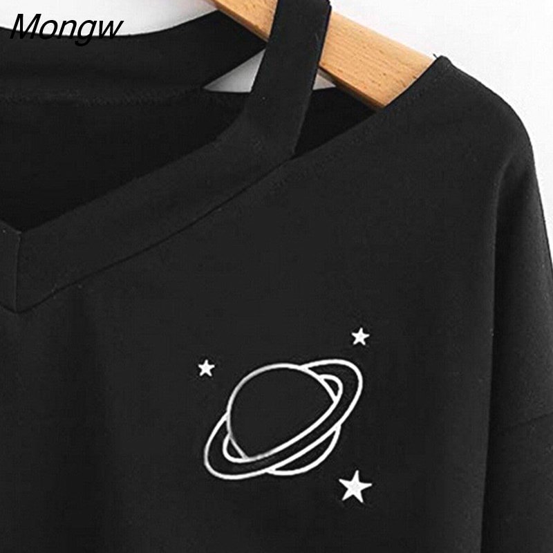 Mongw Women Long Sleeve V-neck Planet Printed Sweatshirt Gothic Harajuku Black Pullovers Crop Tops Fashion