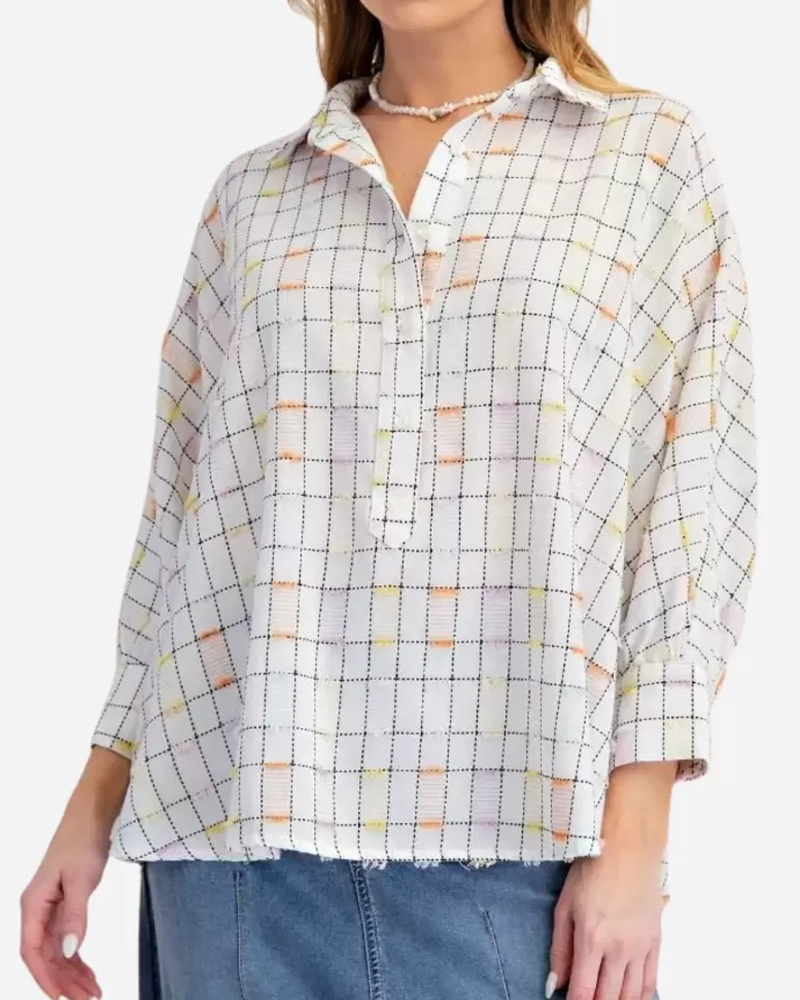 Plaid Pattern Three Quarter Sleeve Oversize Blouses
