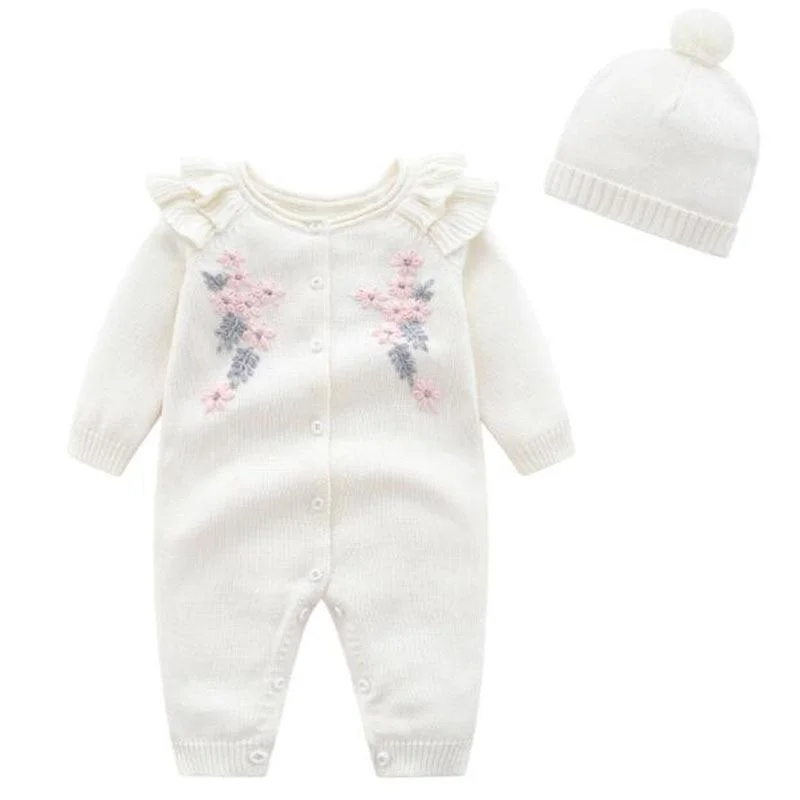Kids New 2021 Spring Autumn Girl Embroidery Rompers + Hat Baby Girl Newborn Rompers Clothes Baby Girl Rompers
