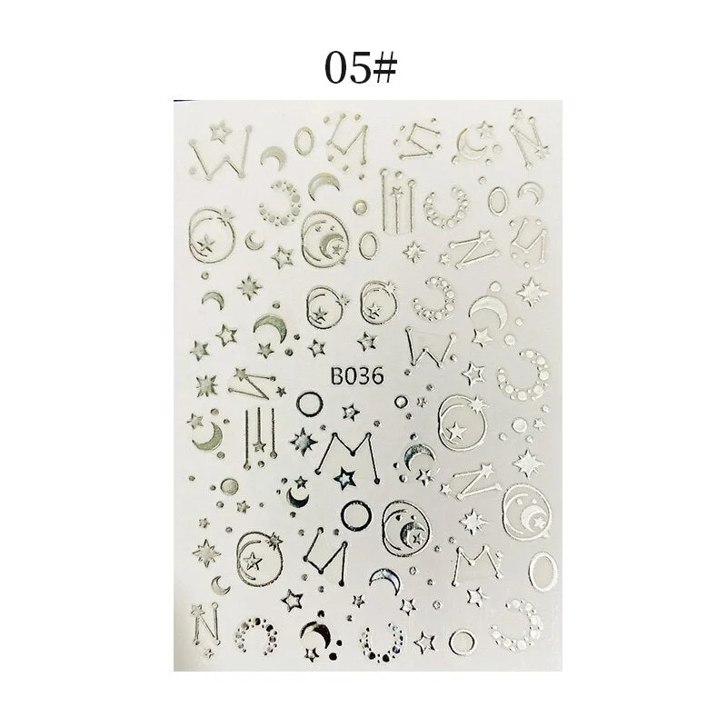 English Letter Design 3D Nail Stickers Iridescent Geometrics Gold Stars Moon Transfer Nail Art Sliders Decoration Accessories-Nail Inspo