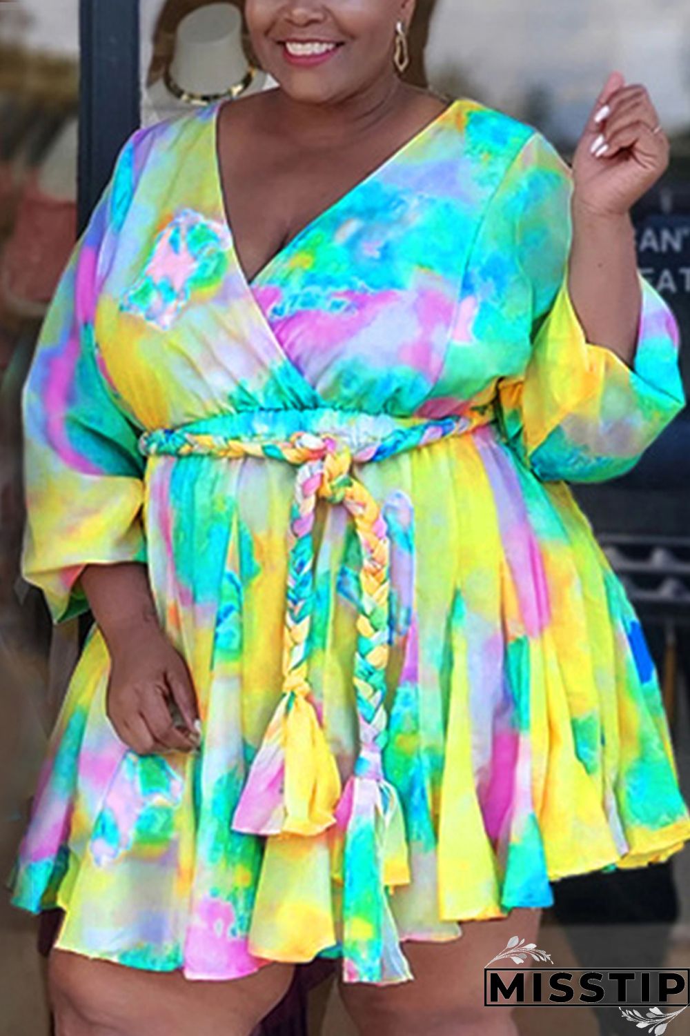 Orange Sexy Print With Belt V Neck A Line Plus Size
