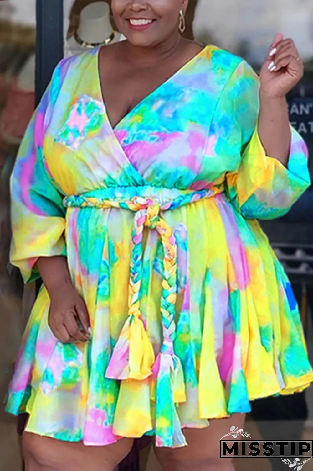 Orange Sexy Print With Belt V Neck A Line Plus Size