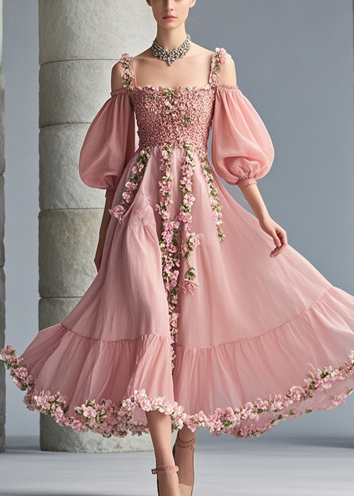 VCSHOES Pink Cold Shoulder Three-dimensional Floral Chiffon Party Dress Puff Sleeve