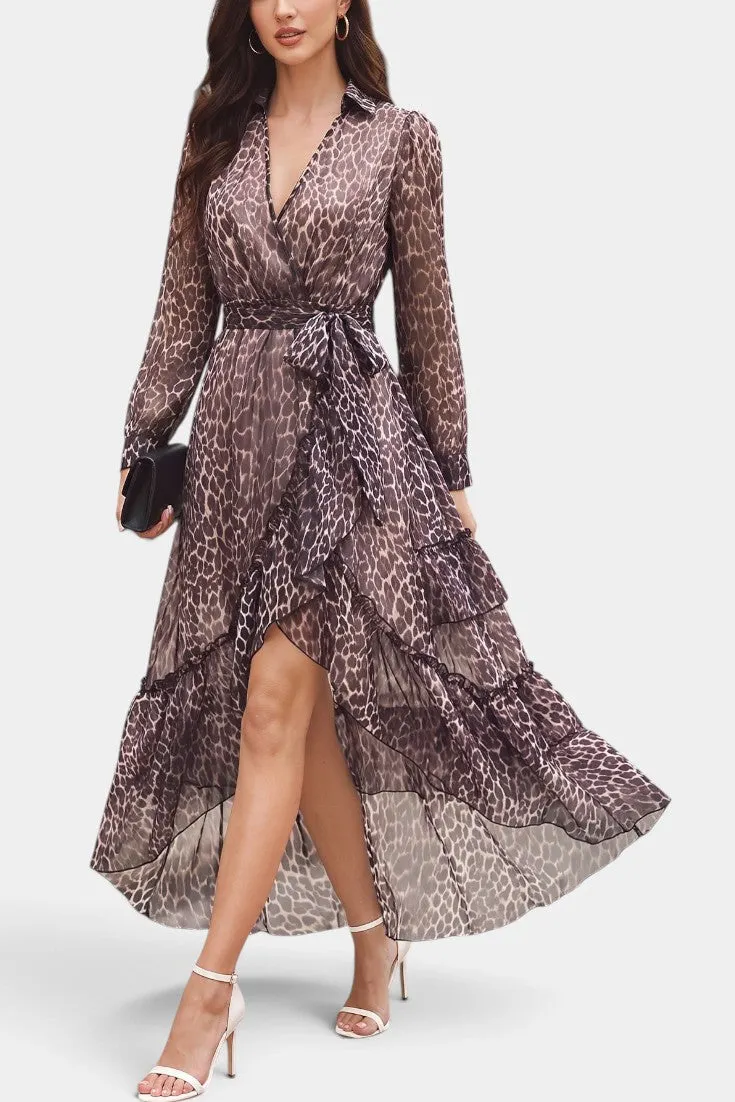 Wrap-Style Leopard Chiffon Maxi Dress with Asymmetrical Ruffles