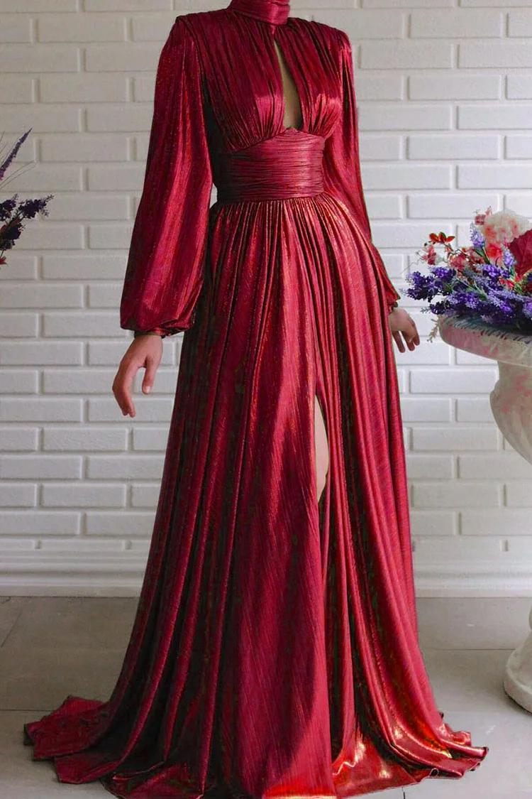 Plain Stand Collar Lantern Sleeve A-Line Pleated Slit Gowns Maxi Dresses - Red