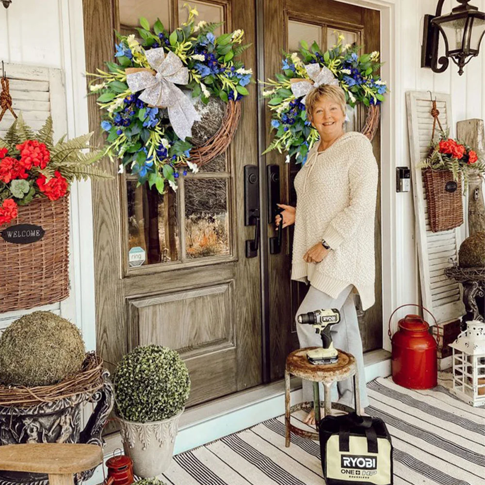 Spring Natural Rattan Bow Blue Holiday Wreath Ornament