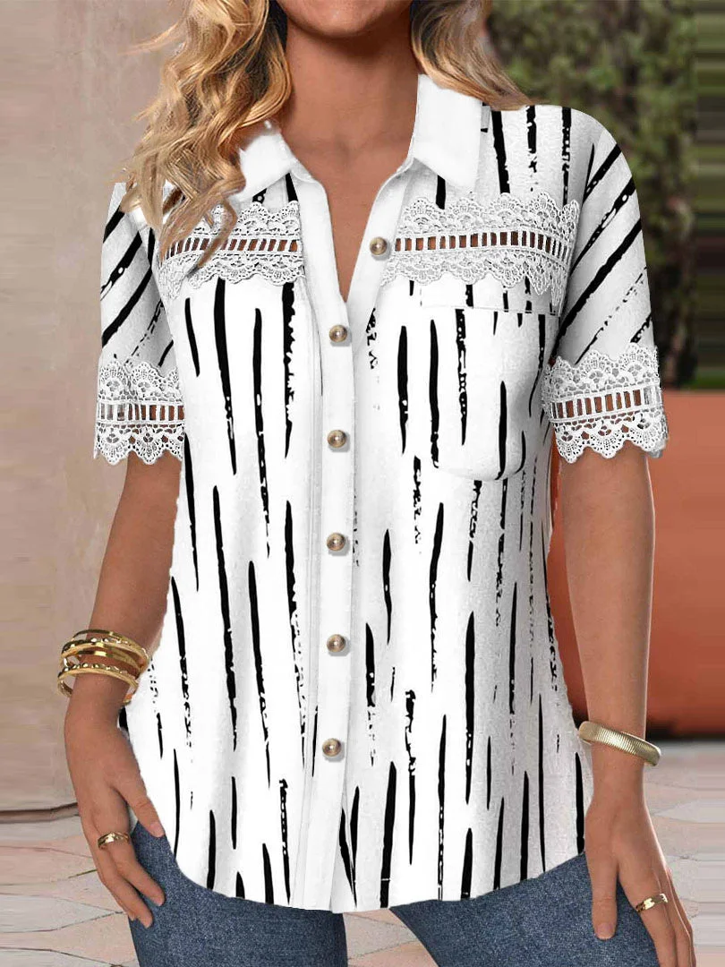 Women plus size clothing Women Short Sleeve V-neck Striped Printed Graphic Lace Hollow Stitching Button Tops-Nordswear