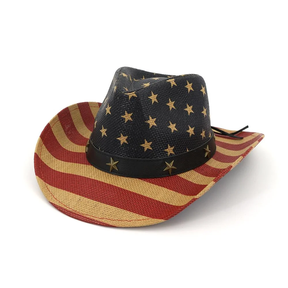 Unisex Cowboy Hat American Flag Floral PU Band Western Straw Hat