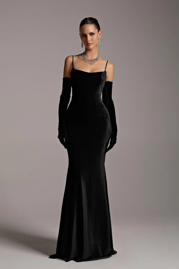 Lisliy Black Velvet Long Gloves Spaghetti Straps Prom Dress 