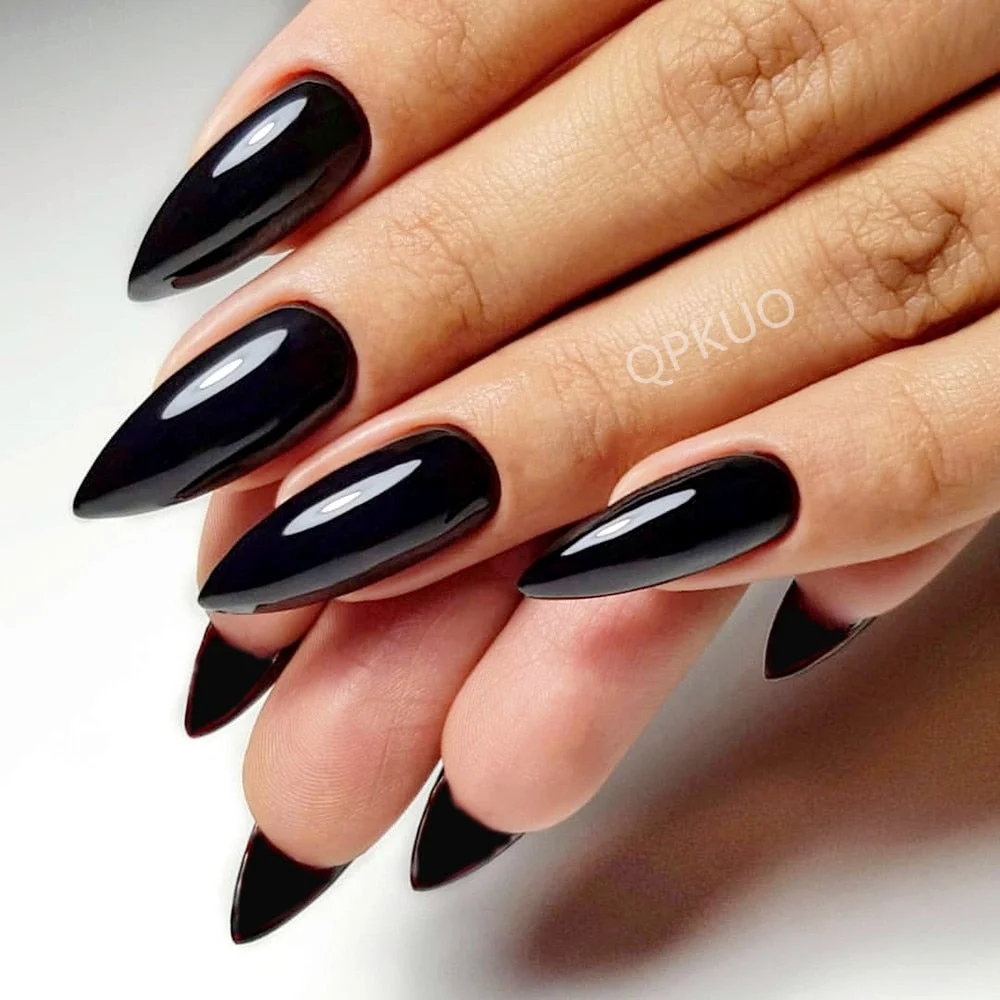 24Pcs Shiny Black Long Stiletto Fake Nail Artificial False Nails With Jelly Glue DIY Full Cover Finger Tips Manicure Tool