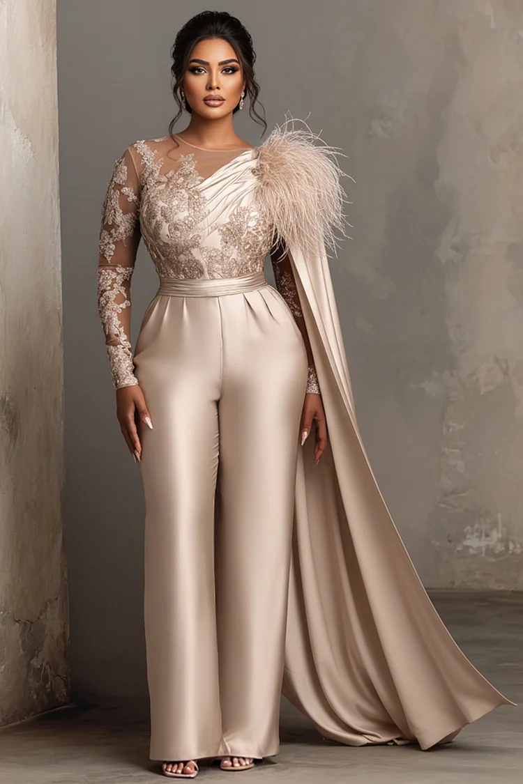Xpluswear Design Plus Size Formal Lace Champagne Round Neck Long Sleeve Feather Elegant See Through Satin Jumpsuits [Pre-Order]