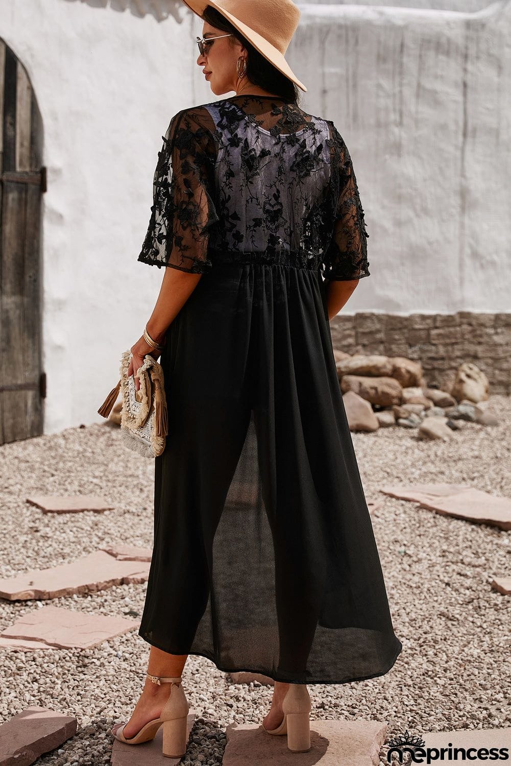 Black Lace Crochet Long Kimono