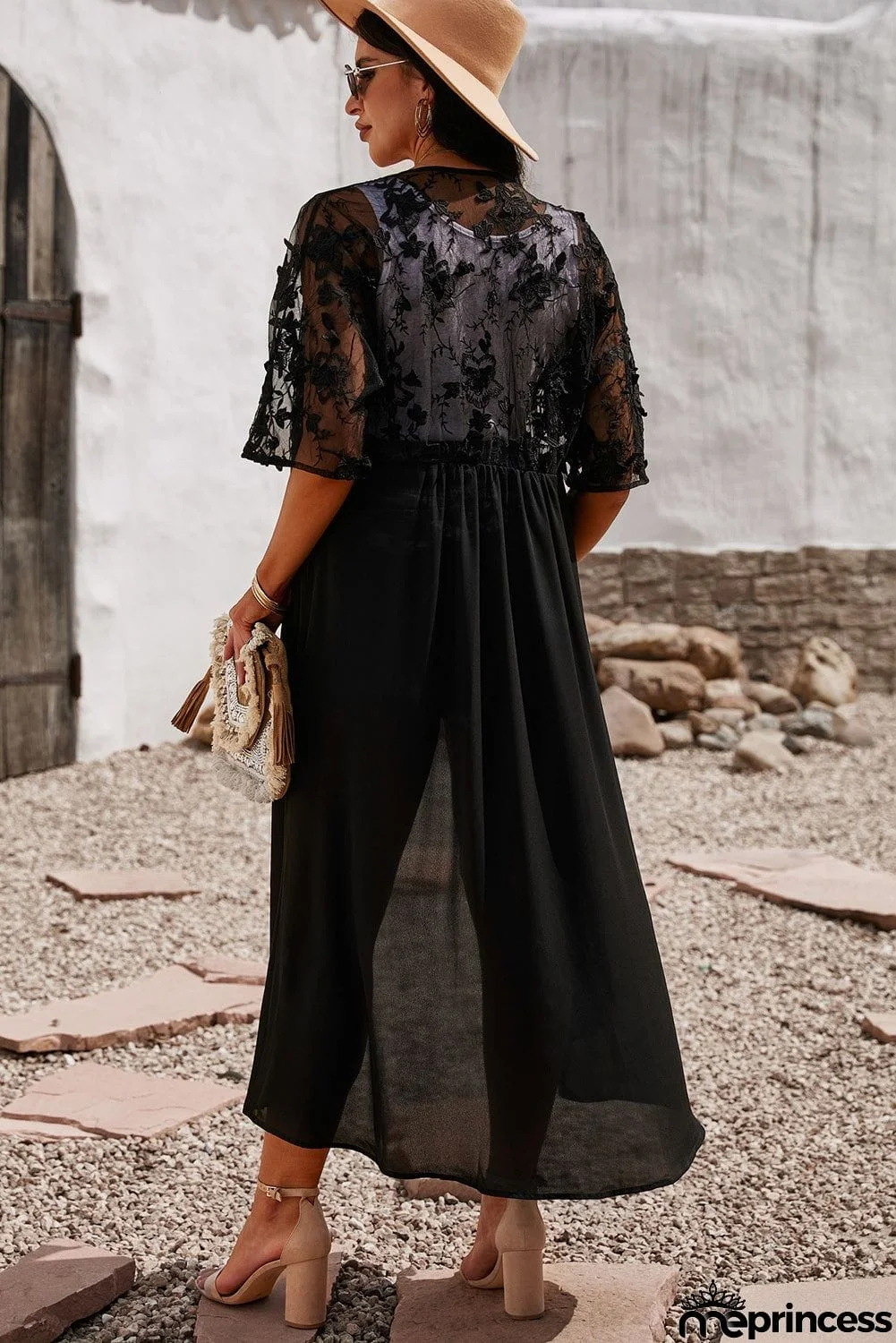 Black Lace Crochet Long Kimono