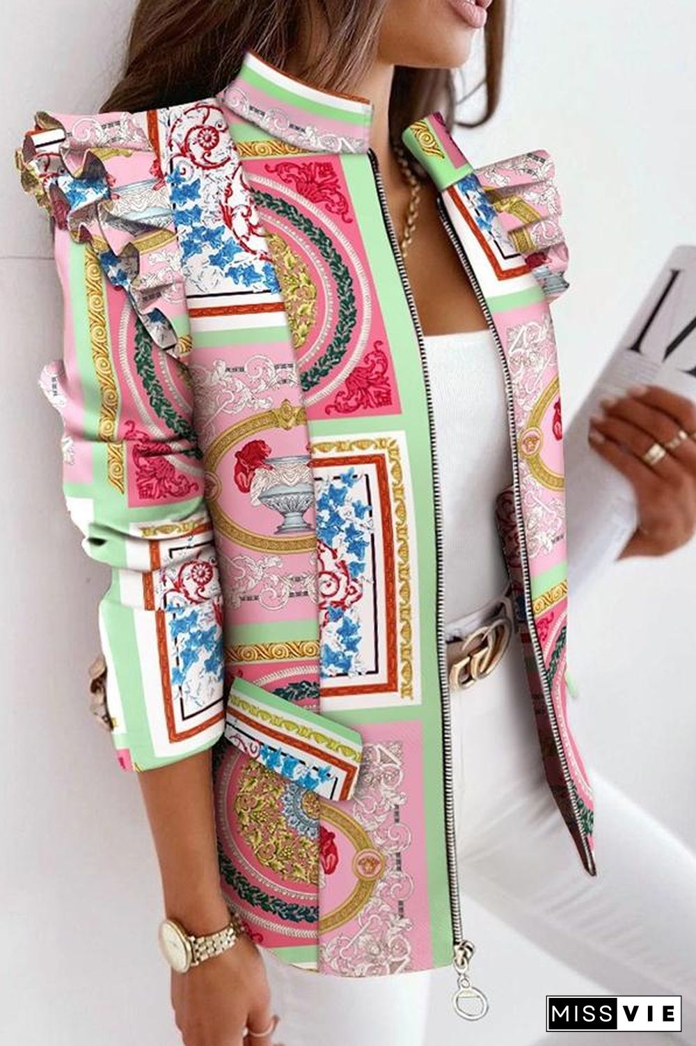 Melrose Plaid Print Ruffles Sleeve Zipper Up Coat