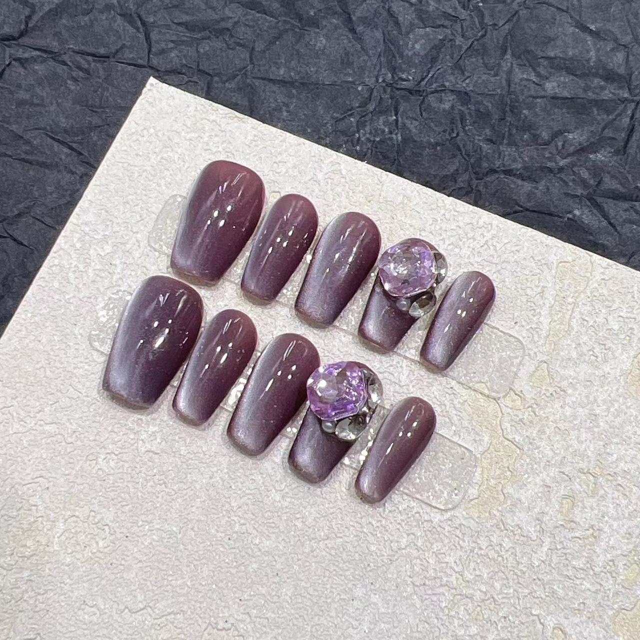 Sweetalys 10Pcs /Set  Full Cover False Nails Press on Nails  Pure Handmade Patch Removable Fake Nails Purple Cat Eye Flash Diamond