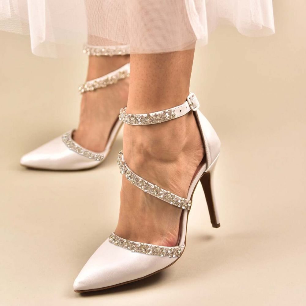 White Pointed Toe Stiletto Heels Leather Rhinestone Ankle Strap Pumps Nicepairs